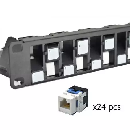ISO/IEC Category 6a - Unshielded ISO Cat 6a / TIA Cat 6A Component-Rated Panel loaded with Top-Entry Jacks (KHA Series), w/Wire Management